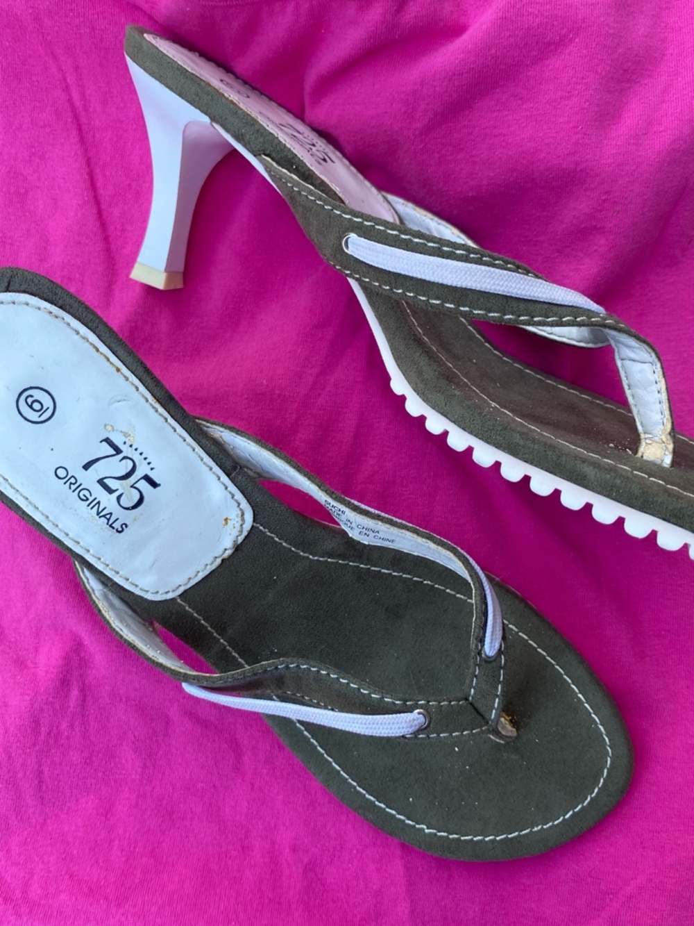 Suede Olive Green Thong Heel Sandals with White Accents